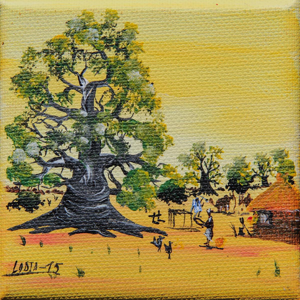 Landschap met dorpsleven op geel